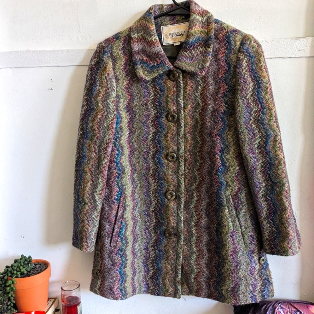 Jung Ho Jin Knit Coat Vintage Wavy Stripe Jewel Tone Retro Korean Jacket